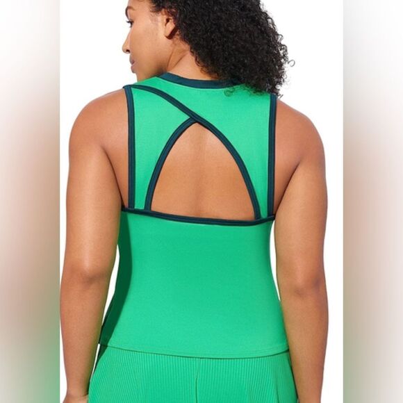 NWT EleVen Venus Williams Green Navy Trim V Neck Tank Top Cut Out Back - Size M - Picture 2 of 9